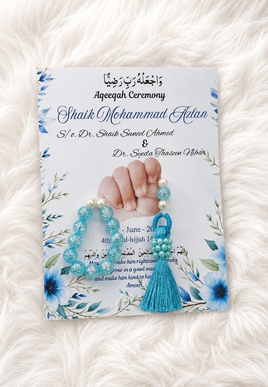 Blue tasbee card - Aqeeqa Ceremony 1
