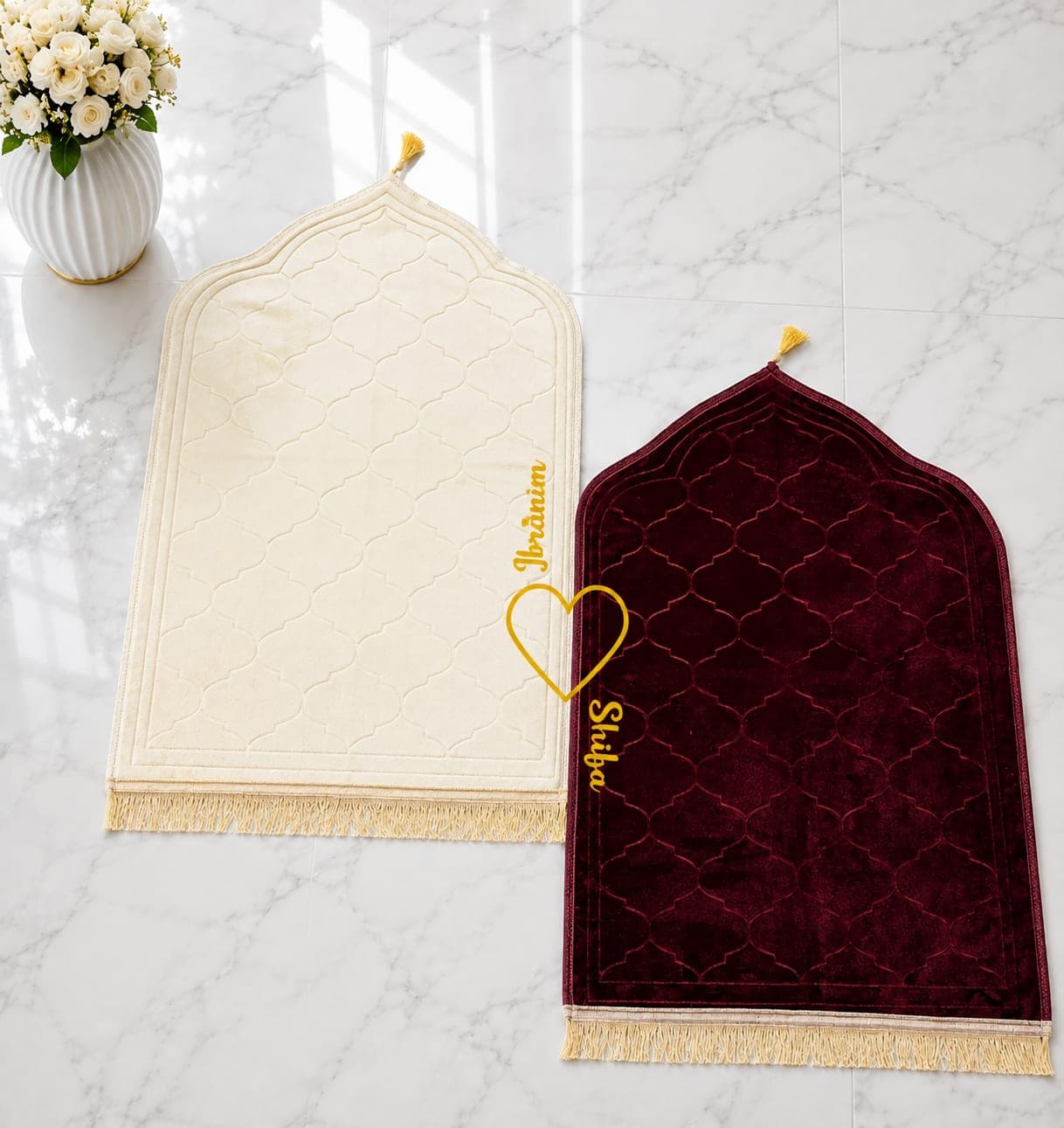 White & Maroon Couple Janamaz with Customisation 1